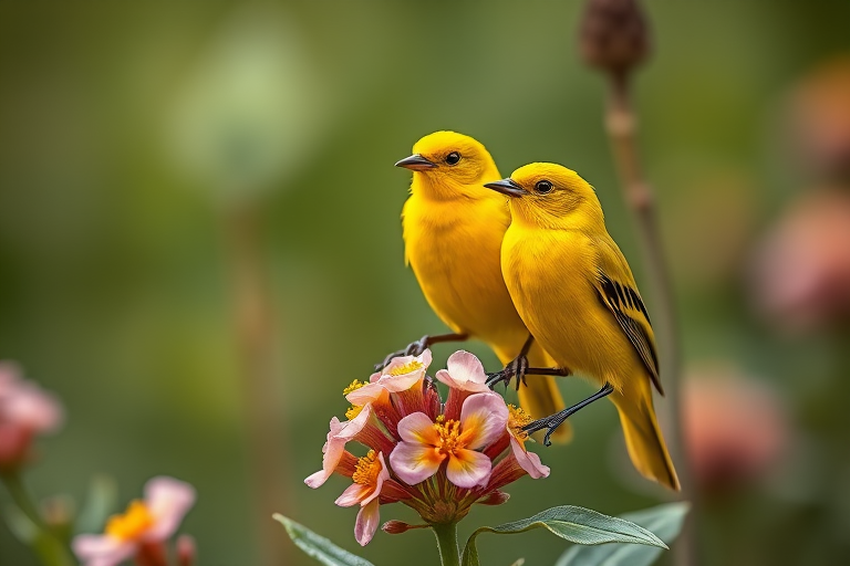 create a highly detailed image of two vibrant yellow birds perched on a realistic flower plant in a natural setting, using a DSLR camera with a 50mm lens, f/2.8 aperture, ISO 200, and soft natural lighting to enhance color vibrancy and depth of field.