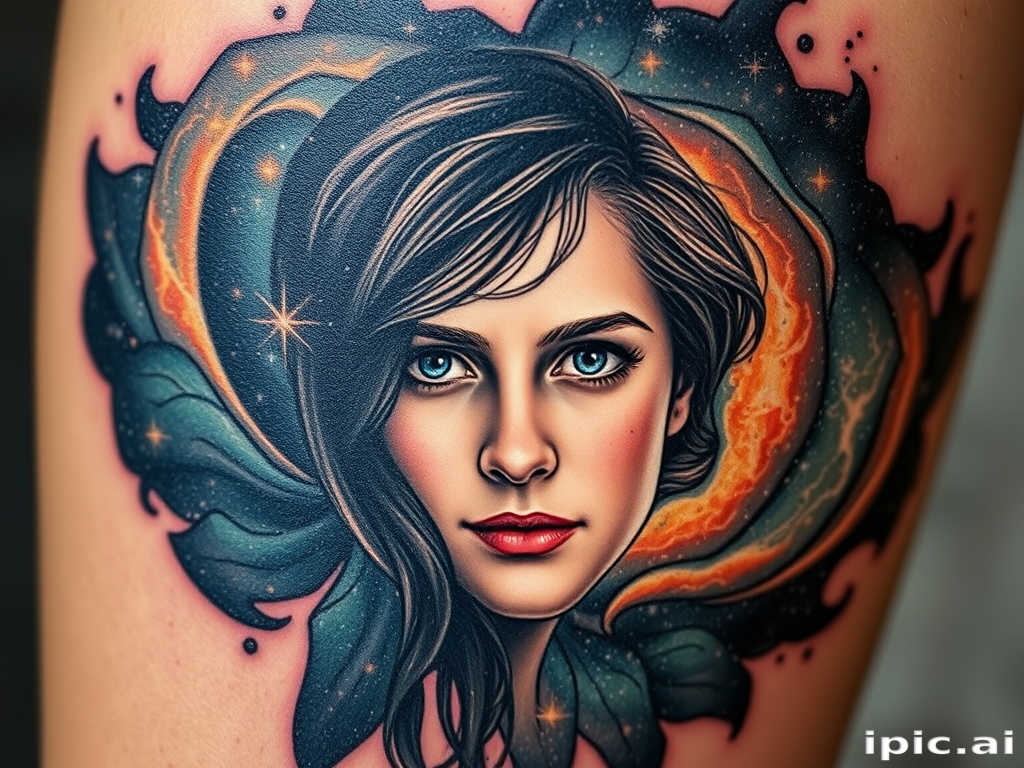 Photorealistic portrait tattoo featuring a loved one's face emerging from a swirling galaxy, incorporating elements of double exposure and surrealism for a breathtaking memorial piece