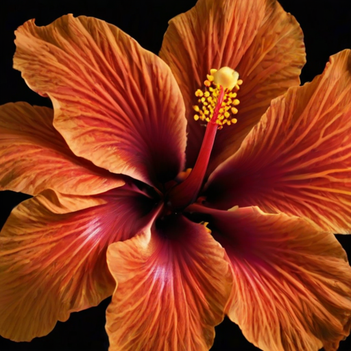A close-up view of a vibrant red hibiscus flower against a black background, showcasing its intricate petals and yellow stamens.