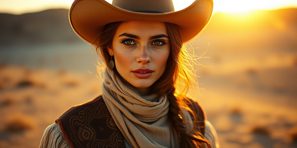 Dramatic photo of a beautiful Azerbaijani woman, classic cowboy attire, confident and free spirit expression, half-length portrait, centered, golden hour desert landscape, warm, diffused light, low angle, medium format film camera, in style of Annie Leibovitz.