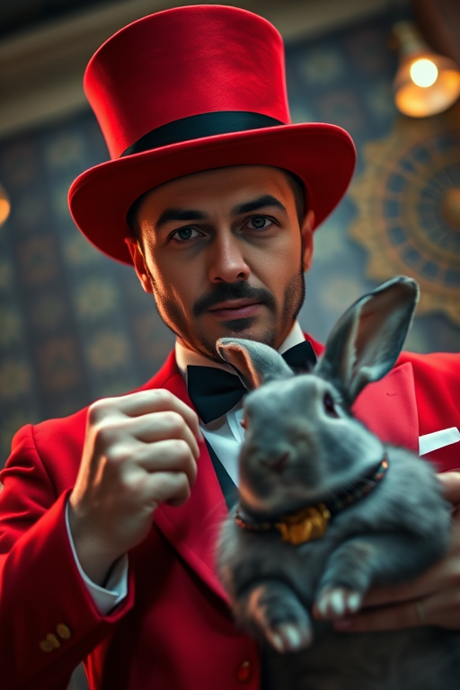 A stylish magician in a red suit and top hat poses with a grey rabbit, soft ambient lighting, depth of field focus on the subjects, 50mm lens, f/1.8 aperture, ISO 100, captured with a full-frame DSLR, low-angle view for dramatic effect.