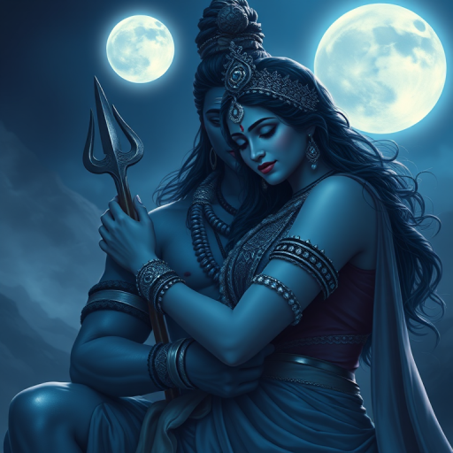 Create a high-resolution illustration of a serene night scene featuring Lord Shiva and Goddess Parvati embraced under a glowing full moon, incorporating soft blue and silver tones, with intricate details on clothing and jewelry, captured with a Canon EOS R5, 50mm f/1.2 lens, aperture set to f/2.8, shot from a slightly low angle to enhance intimacy and depth.