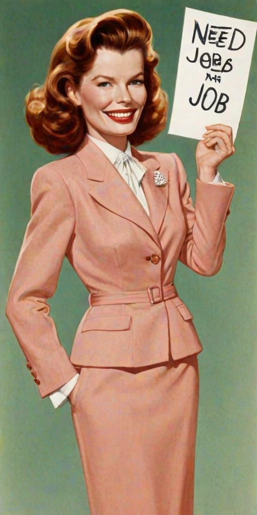 caricature of a smiling Katharine Hepburn in a Salmon dress or suit, holding up a sign that says "NEED A JOB", no watermark,