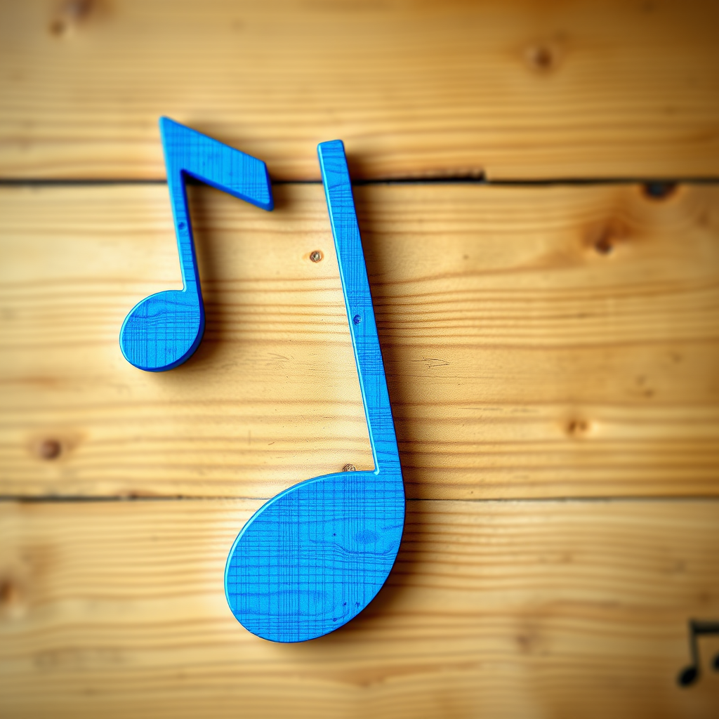 Create a vibrant blue musical note design with a wood grain texture, using a digital art style, high resolution, 4K quality, with a soft focus effect, shot from a front view using a digital camera with an aperture of f/2.8 and ISO 100.