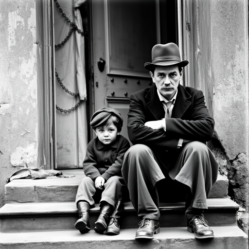 A black-and-white photograph of a man and a child sitting on steps in front of a doorway. The man is dressed as a tramp with a bowler hat, mustache, and ragged clothes, reminiscent of Charlie Chaplin's iconic look. He is sitting with his arms crossed and an expression of slight sadness or frustration. Next to him is a young boy, also in worn clothes and a cap, sitting with his hands clasped, looking thoughtful. The background is an old, textured wall and a partially open door, creating a vintage, early 20th-century atmosphere.