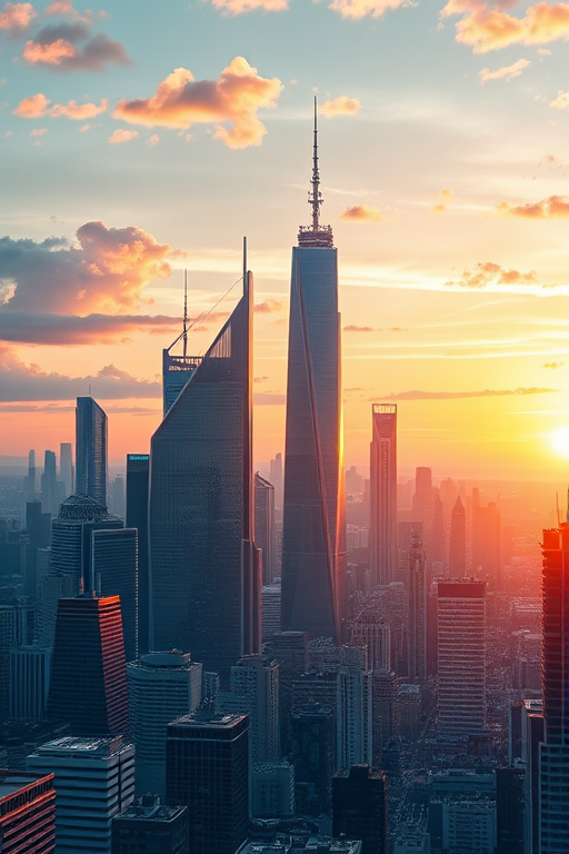 Create a detailed illustration of a futuristic city skyline at sunset, using a wide-angle lens with a 24mm focal length, aperture set to f/8 for deep depth of field, shot from a high vantage point to capture the expansive view, employing a DSLR camera for high-resolution clarity and vibrant colors.