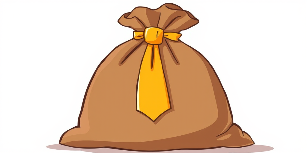 Create a high-resolution illustration of a brown sack with a golden tie, simple cartoon style, using a standard camera view with a 50mm lens, f/8 aperture, and 1/100 sec shutter speed for optimal clarity and detail.