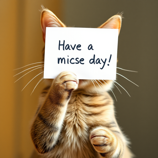cat holding a note which says "Have a mice day!"