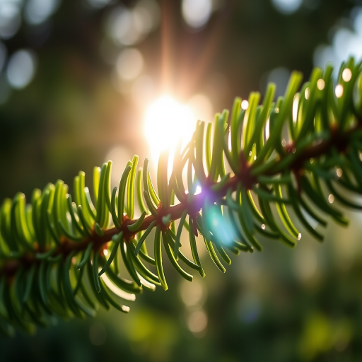 macro shot of a green pine branch with sunlight filtering through, shallow depth of field, ISO 100, f/2.8, 1/400s, taken with a DSLR camera, 50mm lens, natural light photography