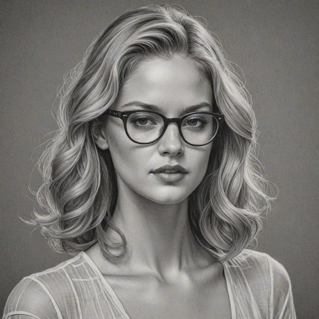 Sublime Erin Heatherton, pencil sketch, portrait of Comely woman 1935s in glasses, hair style beatnik, outline, clear lines, fine lines, 8k
