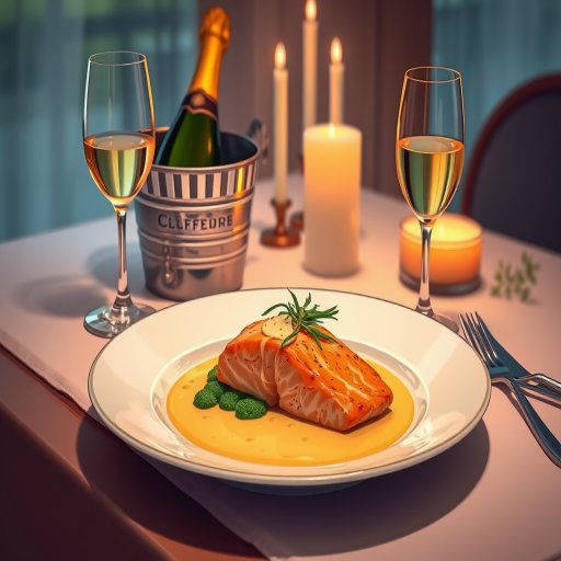 create an illustration of an elegant dinner setting featuring a beautifully plated salmon dish with creamy sauce, a bucket of champagne, two champagne flutes, and romantic candles, using a Canon EOS R5 with a 50mm f/1.2 lens, aperture set to f/2.8, ISO 100, and natural lighting for a soft, inviting ambiance