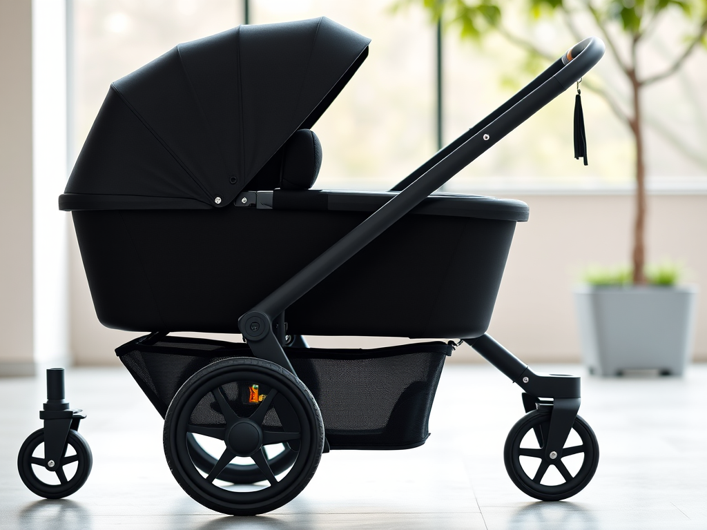 Generate a high-resolution image of a modern black stroller with a sleek design, photographed in natural light, using a DSLR camera with a 50mm lens at f/2.8, ISO 200, and a shutter speed of 1/250s, side view with a shallow depth of field to emphasize detail.