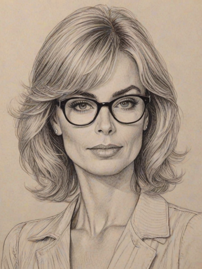 Splendid Eileen Davidson, pencil sketch, portrait of Resplendent woman 1973s in glasses, hair style beatnik, outline, clear lines, fine lines, 8k