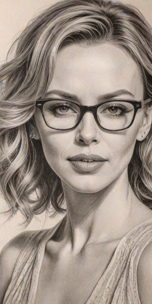 Pleasing Kylie Minogue, pencil sketch, portrait of Fascinating woman 1927s in glasses, hair style beatnik, outline, clear lines, fine lines, 8k