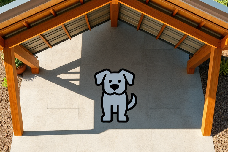 Generate a high-resolution image of a stylized dog icon under a roof shelter with a minimalistic design, using a DSLR camera at f/2.8 aperture, 50mm lens, natural lighting, and a top-down view for enhanced clarity and detail.