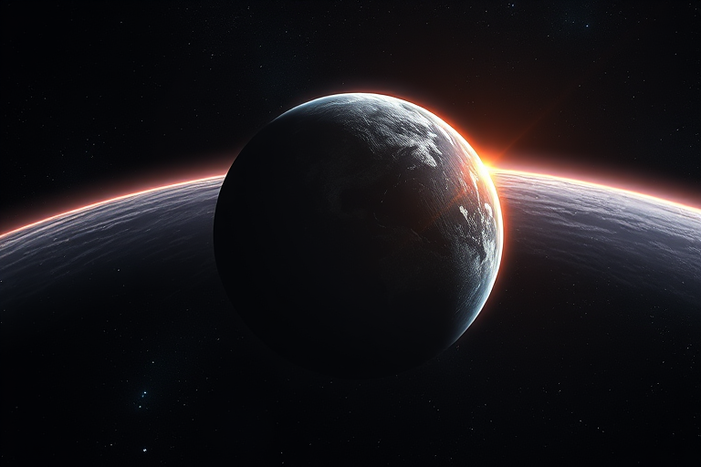 Create a highly detailed digital artwork of a dark, mountainous planet in space with glowing edges, shot with a DSLR camera at 24mm, f/8, ISO 100, using a wide-angle lens to capture the vastness of space with high dynamic range lighting for enhanced depth and contrast.