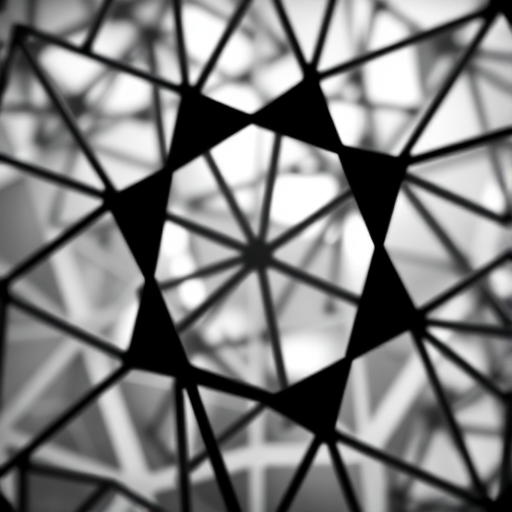 Generate an abstract, high-contrast black and white image of interconnected geometric shapes with a sharp focus and depth of field, using a Nikon D850 with a 50mm f/1.8 lens at ISO 100 and f/2.8, captured from a slightly elevated angle.