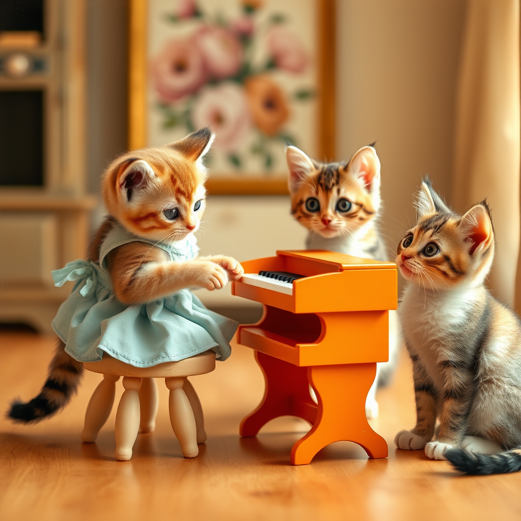 A charming scene of three cute cats in a vintage-style room. One cat, wearing a small, light-blue dress, sits on a tiny stool playing a miniature orange piano. Two other cats, with wide, curious eyes, watch the piano-playing cat intently. The room has warm lighting, with a cozy, old-fashioned aesthetic, soft wooden floors, and a blurred floral painting in the background. The overall mood is playful and whimsical, capturing the innocent curiosity of the cats. The image has a slightly worn, nostalgic feel, reminiscent of an old photograph.