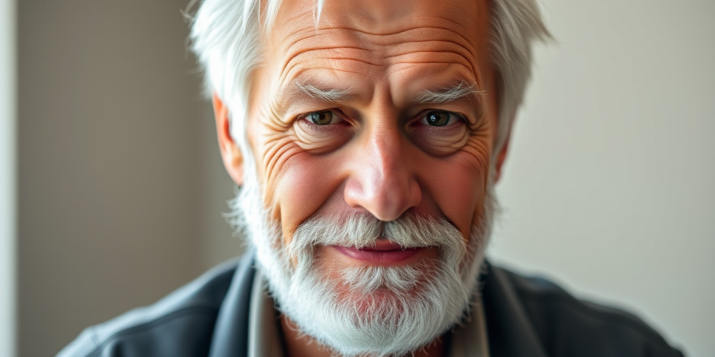Create a hyper-realistic portrait of an elderly man with a white beard and silver hair, captured in soft natural light using a Canon EOS R5 with a 50mm f/1.2 lens, aperture set to f/1.8, ISO 100, and a shallow depth of field to enhance facial details and textures.