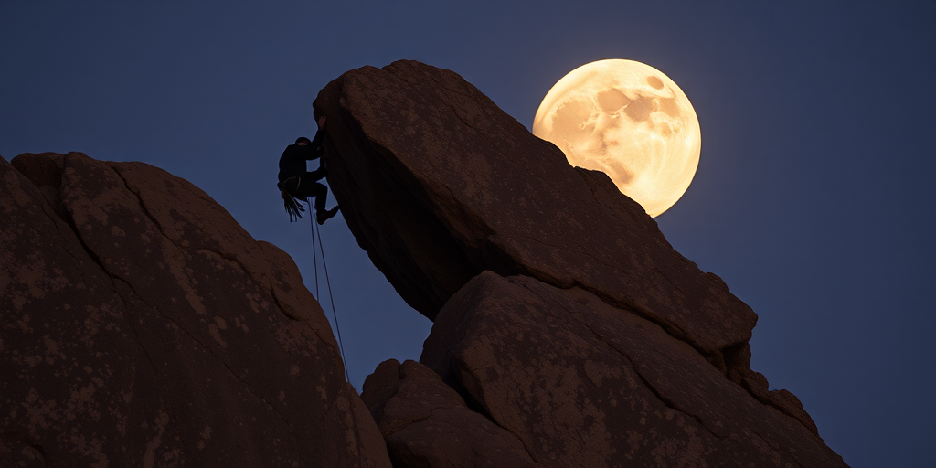 Capture a climber hanging from a rock formation against a full moon backdrop, using a DSLR camera, 50mm lens, f/1.8 aperture, ISO 400, 1/125 sec shutter speed, low angle view, and dramatic lighting for enhanced image quality.