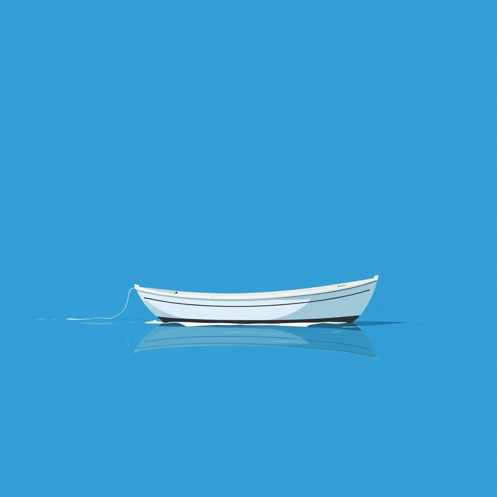 Create a digital illustration of a minimalist boat on water, using a flat design style with a blue background and white accents, captured with a DSLR camera at f/8 aperture, ISO 100, 50mm lens, from a slightly elevated angle to enhance clarity and detail.