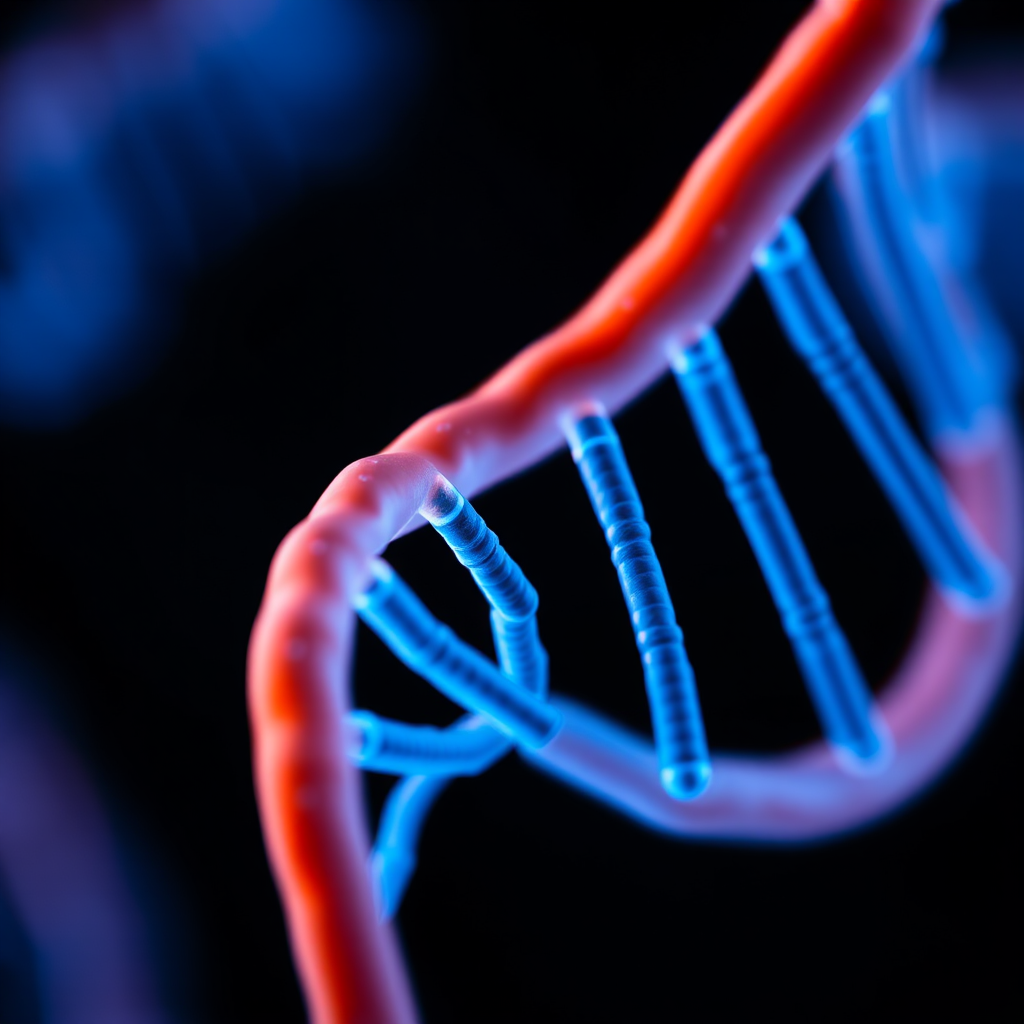 Close-up view of a glowing blue DNA helix on a dark background, macro lens, f/2.8 aperture, ISO 100, 1/200s exposure time, shot with a DSLR camera, soft focus with enhanced lighting effects.