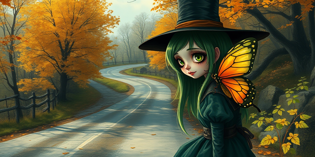 digital art fantasy depicting a strange girl with green hair, long eyelashes, red lipstick and a tall hat walking along a winding road on an autumn afternoon, an Butterfly smiles as she passes
