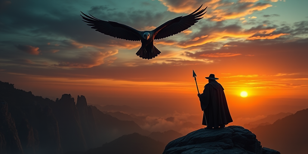 a mystical scene of a wizard standing on a cliff with a giant eagle looming overhead during a sunset, captured with a Canon EOS R5, 50mm lens, f/1.8, ISO 100, 1/200s, HDR style photography, high dynamic range colors and detail