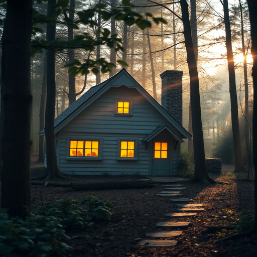 Generate a cozy, whimsical cottage in a dense forest with warm glowing windows, soft morning light filtering through trees, using a DSLR camera with an aperture of f/2.8, ISO 200, 50mm lens, shot from eye level in a naturalistic style.