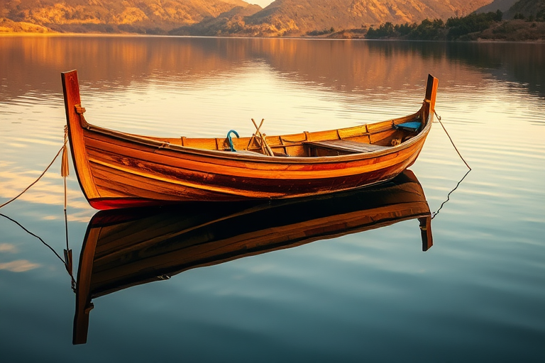 regenerate the image of a wooden boat floating on still water with a clear reflection, use a DSLR camera with a 50mm lens, aperture at f/2.8 for a shallow depth of field, shutter speed 1/200 sec, ISO 100, captured from a low angle to emphasize the reflection and surrounding landscape during golden hour lighting.