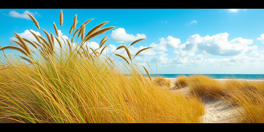 Capture a vibrant beach scene with tall green grasses swaying in the wind, golden sand dunes in the foreground, under a bright blue sky with fluffy white clouds, using a DSLR camera with a 24mm lens, aperture set to f/8 for depth of field, ISO at 100 for clarity, in natural light, and shot at eye level for a balanced perspective.