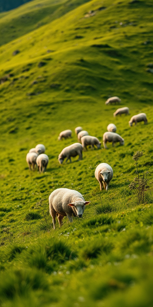 regenerate a lush green hillside scene with a flock of sheep grazing, soft natural lighting, depth of field focus on the sheep, f/2.8 aperture, shutter speed 1/250s, ISO 100, shot with a DSLR camera from a slightly elevated angle capturing the vibrant landscape and texture of the sheep's wool