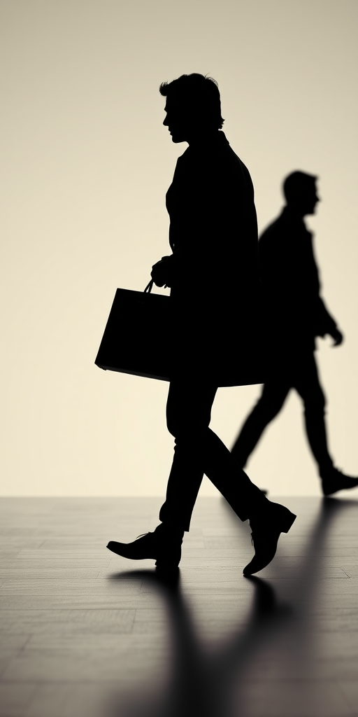 Create a silhouette of a person walking confidently with an elegant coat and holding a briefcase, using a Canon EOS R5 with an 85mm f/1.2 lens, ISO 100, aperture f/1.2, and a shutter speed of 1/250s, in a soft-focus background for a minimalist aesthetic.