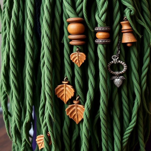 Enchanting forest green dreadlocks adorned with wooden beads and leaf-shaped charms, Sylvan's hair embodies nature's beauty, with thick rope-like strands falling to the waist in an organic arrangement