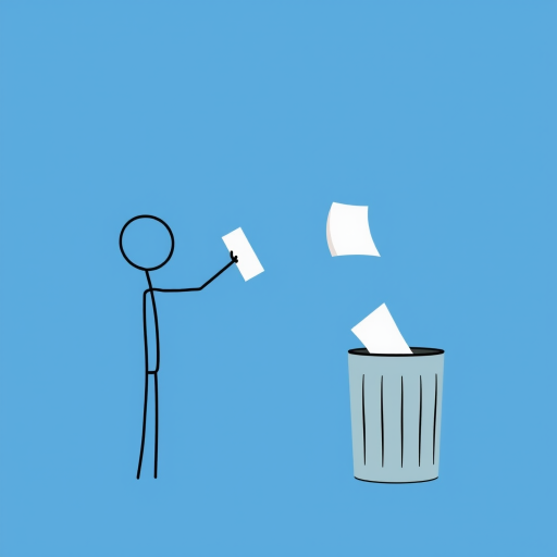 create a minimalist illustration of a stick figure throwing paper into a trash can, use a solid blue background, camera type: DSLR, camera style: digital art, camera settings: aperture f/5.6, shutter speed 1/250s, ISO 100, focus on sharpness and contrast to enhance image quality