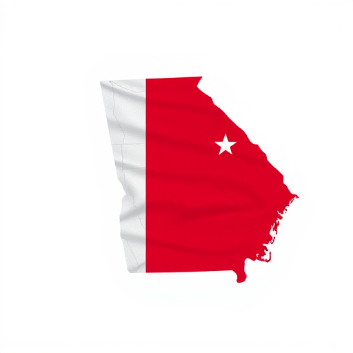 Create a high-resolution illustration of the Georgia flag overlaid on an outline map of Georgia with a white background, using a DSLR camera, ISO 100, f/8 aperture, 50mm lens, and a top-down view to enhance clarity and detail.