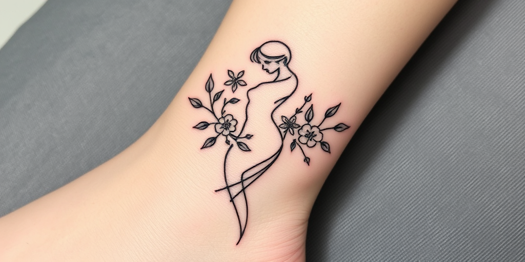Minimalist single-line continuous tattoo, "Fluid Essence," depicting a graceful female form intertwined with delicate flowers and leaves, using a thin black line that never breaks or crosses itself, ideal for wrapping around the wrist or ankle
