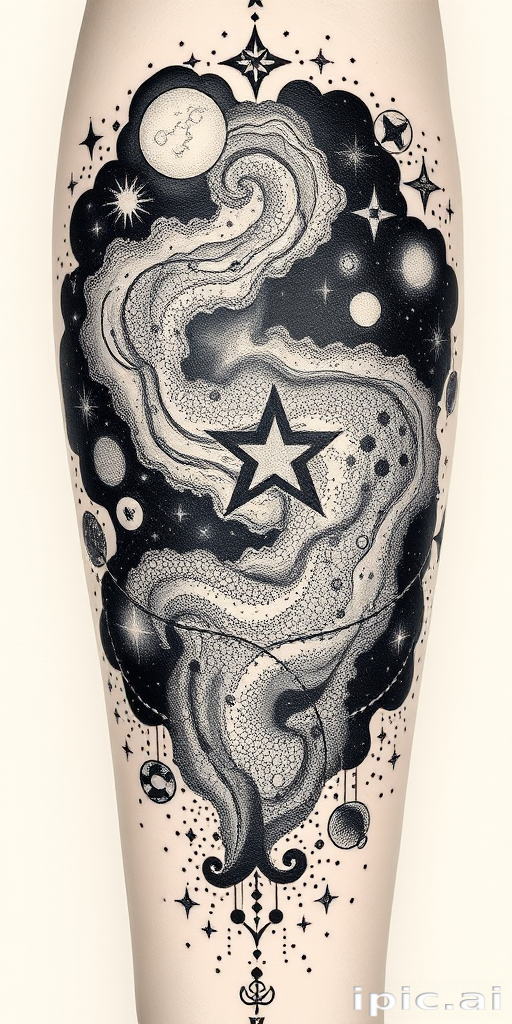 Dotwork tattoo called "Celestial Tapestry" using thousands of tiny dots to create intricate patterns and shading depicting constellations galaxies and cosmic phenomena