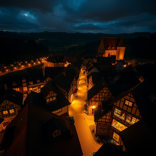 nighttime aerial view of a historic village illuminated by warm lights, capture the intricate architecture of timber-framed houses and scenic hills in the background, use a DSLR camera with ISO 800, f/2.8 aperture, 30-second exposure, and a wide-angle lens to enhance details and depth.