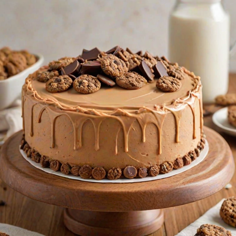 Create an image of a round cake with smooth, caramel-colored frosting on a wooden cake stand. The top of the cake is decorated with small chocolate chips. Surround the cake with a few oatmeal cookies and scattered chocolate chips on a light-colored surface. The background should be simple and neutral to enhance the cake's appearance.