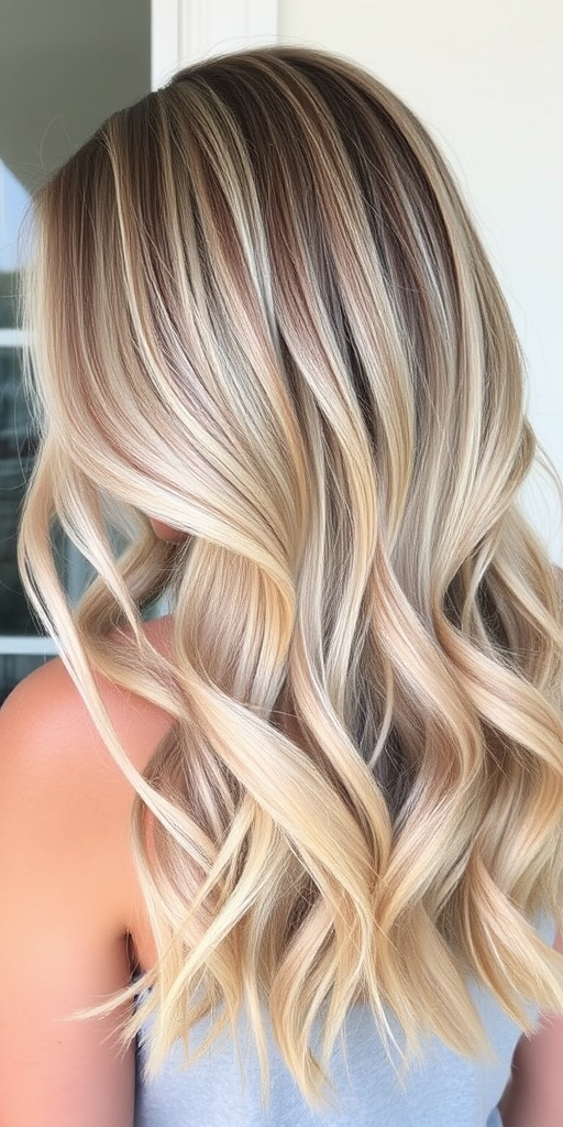 Ash blonde balayage styled in textured beach waves with a deep side part, the Sandy Shore style radiates effortless chic and sun-kissed allure