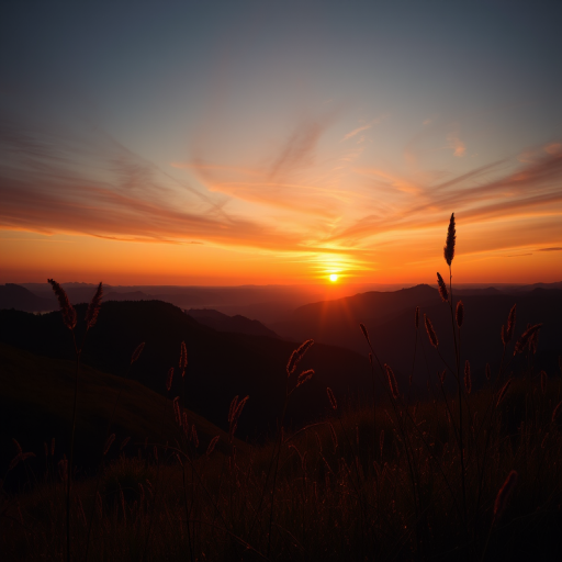 Create a high-resolution landscape illustration of a sunset over rolling hills with silhouetted grass and plants in the foreground, using a Canon EOS R5 with an 85mm lens at f/8, ISO 100, and a golden hour setting for optimal lighting and color saturation.