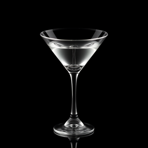 Create a high-resolution image of a sleek martini glass on a black background, using a DSLR camera with a 50mm lens at f/1.8, ISO 100, and a 1/125 shutter speed, with soft lighting to enhance the glass's transparency and reflections.