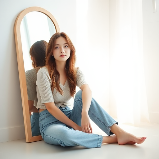 Portrait of a young woman sitting on the floor next to a mirror in a bright, minimalist space, natural light from the side, ISO 200, aperture f/2.8, 50mm lens, shot with a DSLR camera, soft focus background.