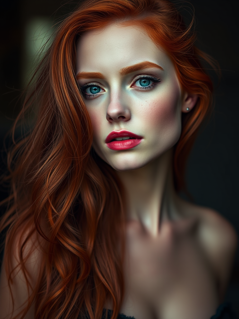 Regenerate an artistic portrait of a woman with striking red hair and detailed features, using a Canon EOS 5D Mark IV, 50mm lens, aperture f/1.8, ISO 100, natural lighting, shallow depth of field, high dynamic range.