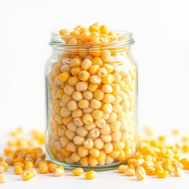 capture a close-up shot of a glass jar filled with corn kernels on a white background, using a DSLR camera with a 50mm lens, aperture set to f/1.8 for a shallow depth of field, ISO 200 for clarity, and natural lighting for enhanced color vibrancy
