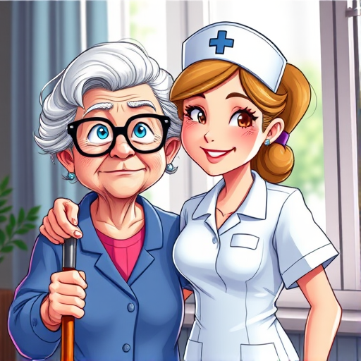 Create a vibrant illustration of two cartoon characters, an elderly woman with glasses and a cane, alongside a young female nurse wearing a nurse's uniform and cap, using a Canon EOS R5 with a 50mm f/1.2 lens, aperture set to f/2.8, soft natural lighting from a window, and at a 45-degree angle for dynamic composition.