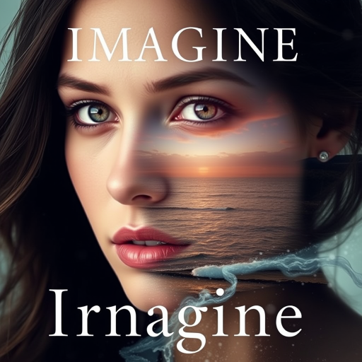 imagine Book cover, A surreal double exposure portrait that blends a woman's face with a beautiful seascape. The overall mood is dreamy and mystical, with rich colors and intricate details
