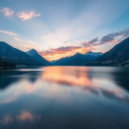 Generate a high-resolution image of a serene landscape featuring a calm lake surrounded by mountains during sunrise, captured with a DSLR camera at f/11, ISO 100, 1/60s shutter speed, wide-angle view, natural lighting, and vivid colors.