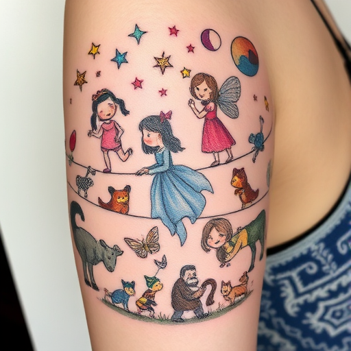 Illustrative tattoo called "Storybook Skin" depicting whimsical scenes and characters from fairy tales and folklore with a hand-drawn quality and soft color palette